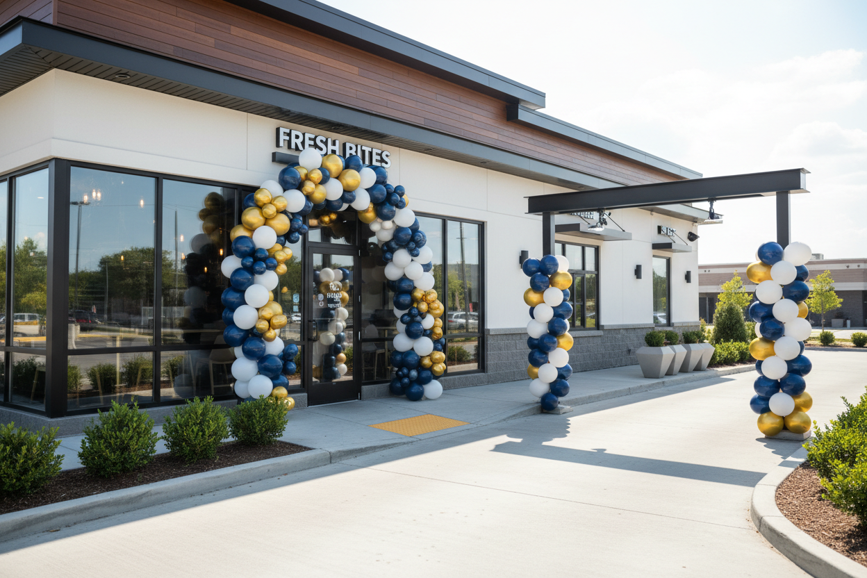 Navy, gold, and white balloon arch and columns framing a modern restaurant entrance and drive-thru lane