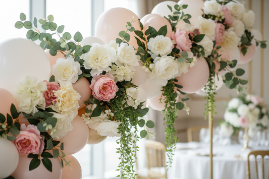 Faux greenery and floral inserts woven into a balloon garland