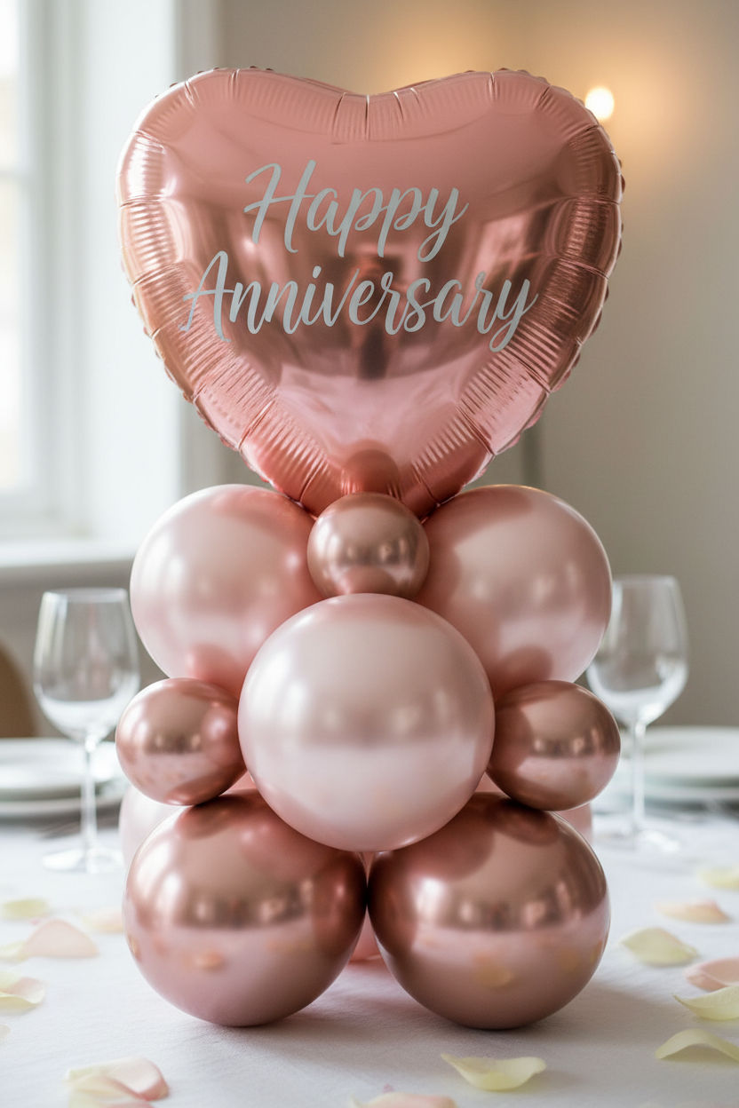 Happy Anniversary rose gold and blush pink balloon cluster gift centerpiece
