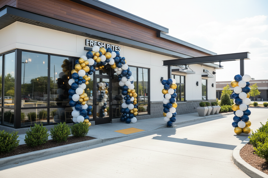 Navy, gold, and white balloon arch and columns framing a modern restaurant entrance and drive-thru lane