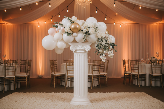 Elegant white prop pedestal with balloon arrangement at an event