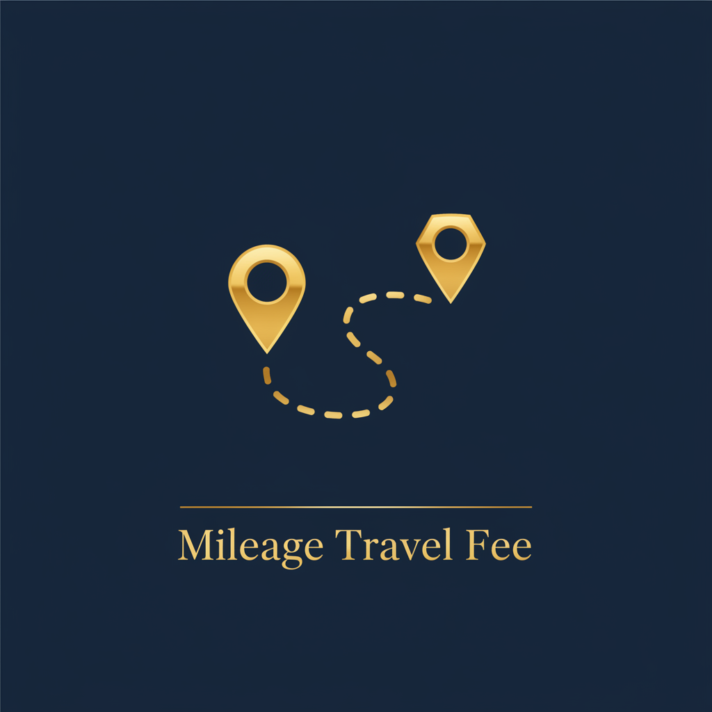 Mileage Travel Fee – delivery route graphic in navy and gold