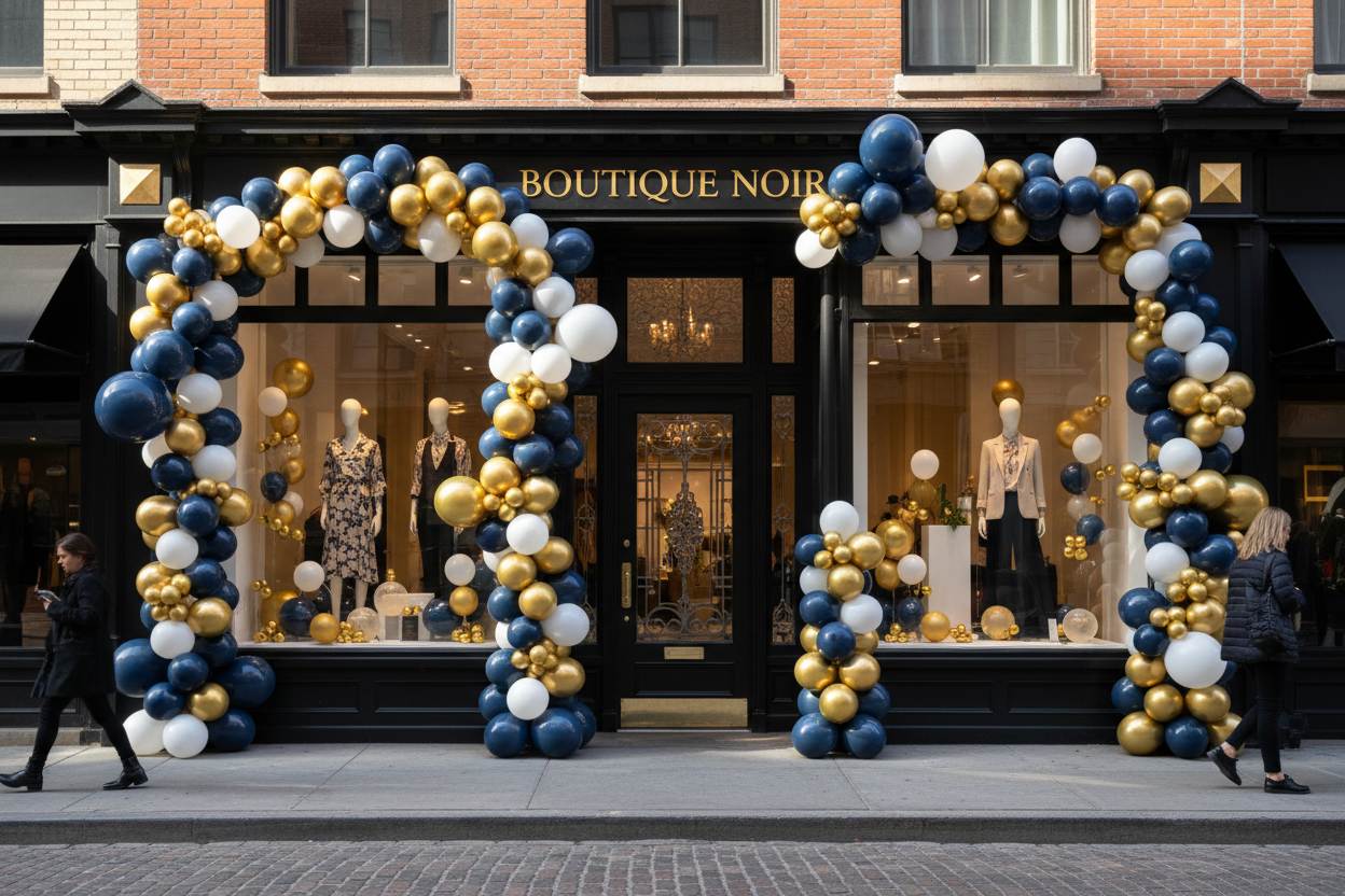 Navy, gold, and white balloon garlands framing downtown retail display windows with columns at the entrance on a brick storefront