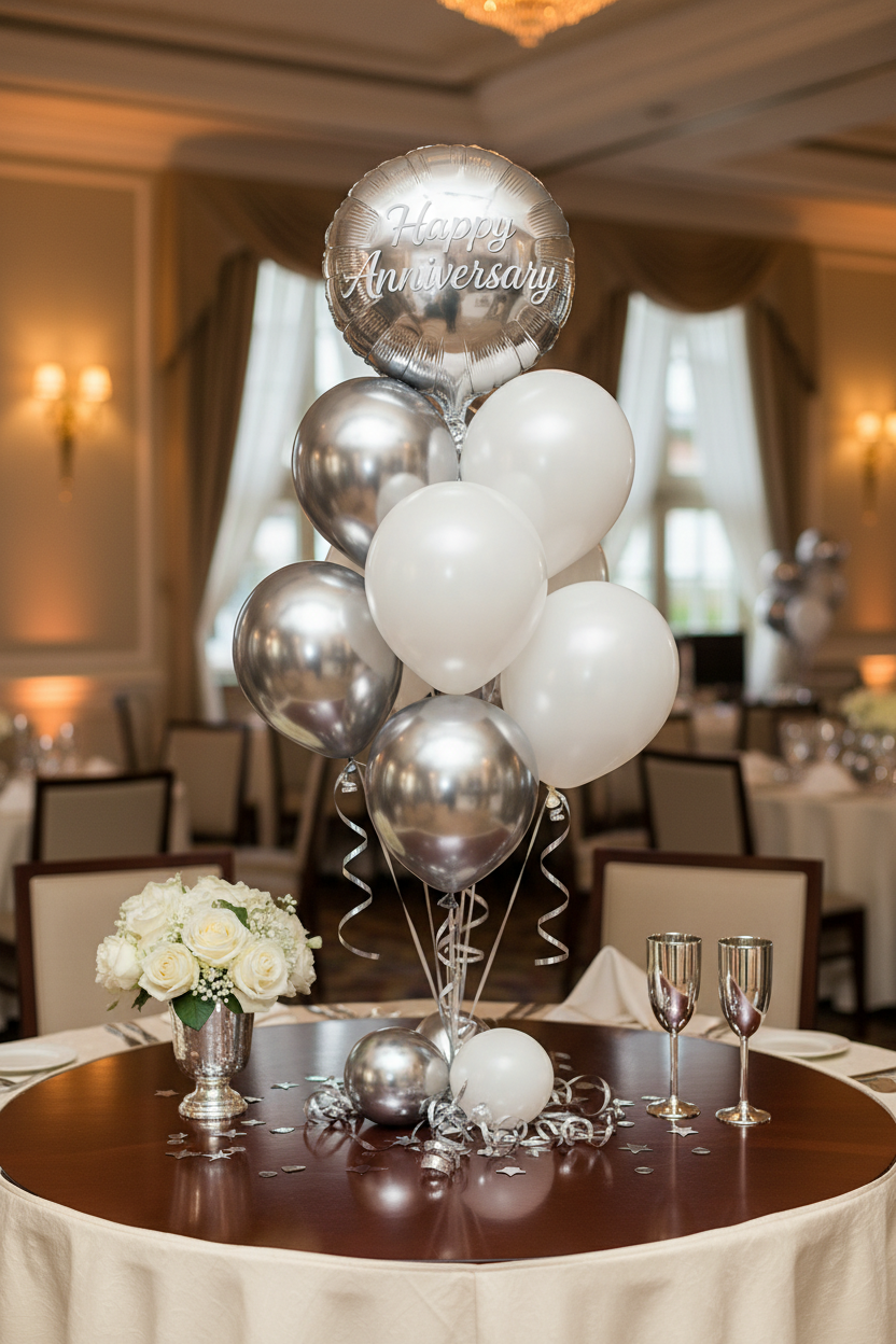 Happy Anniversary silver and white balloon cluster gift centerpiece