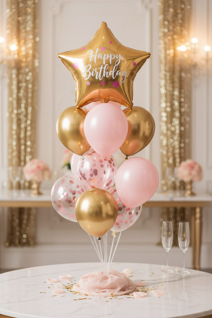 Happy Birthday pink and gold balloon cluster gift centerpiece