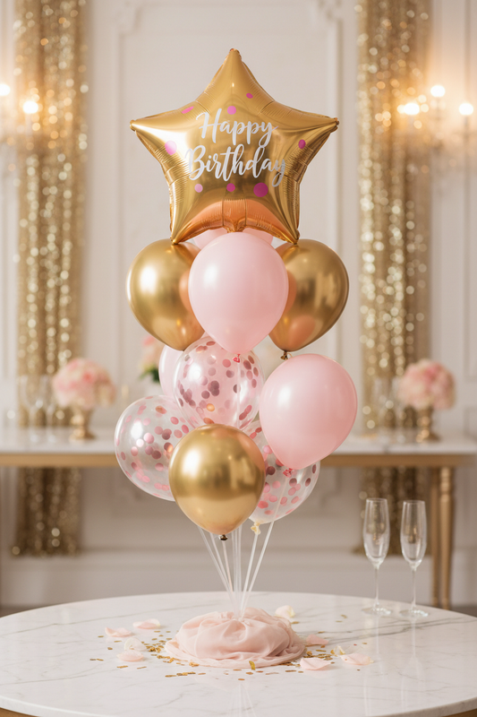 Happy Birthday pink and gold balloon cluster gift centerpiece