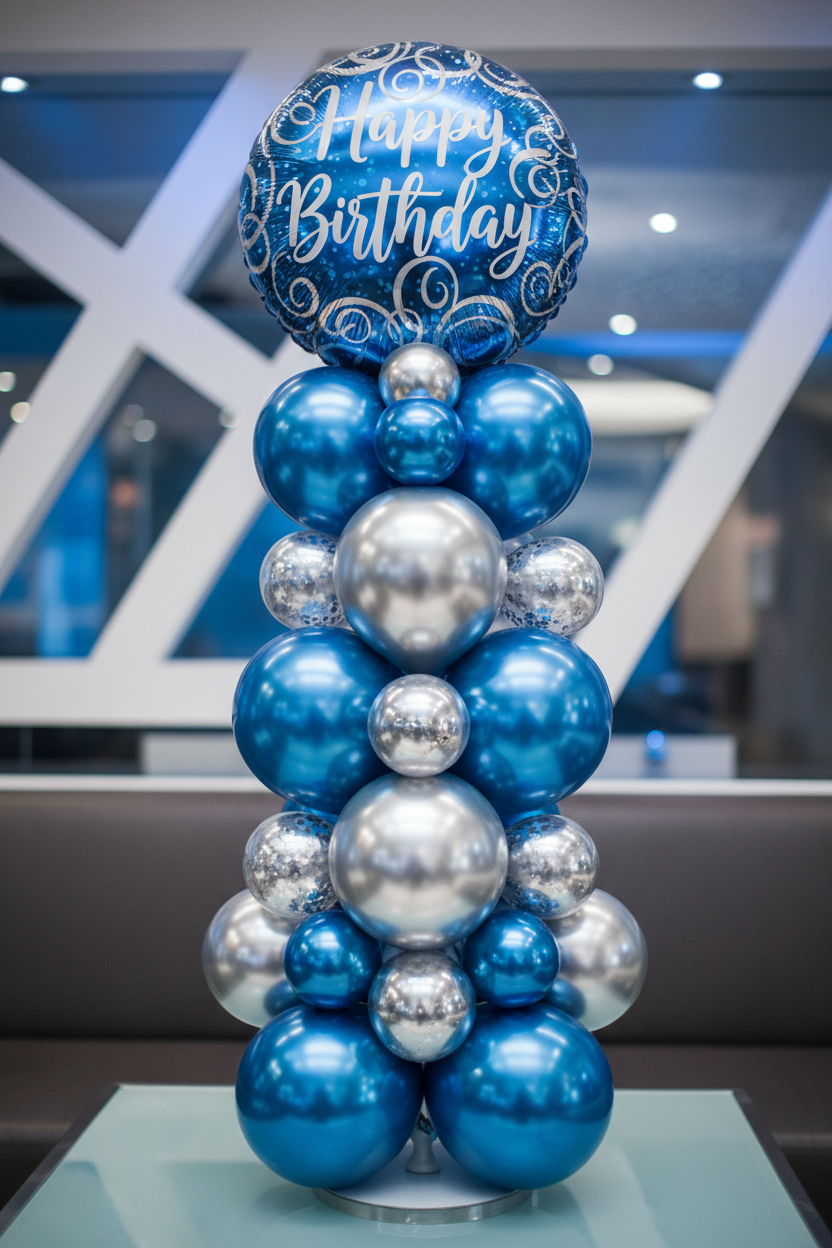 Happy Birthday blue and silver balloon cluster gift centerpiece